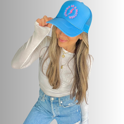 "Strong as a mother" Embroidered Trucker Hat - Sky Blue