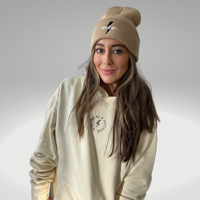 "Mother Strong" Embroidered Beanie - Camel with black