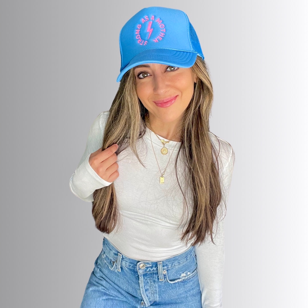 "Strong as a mother" Embroidered Trucker Hat - Sky Blue