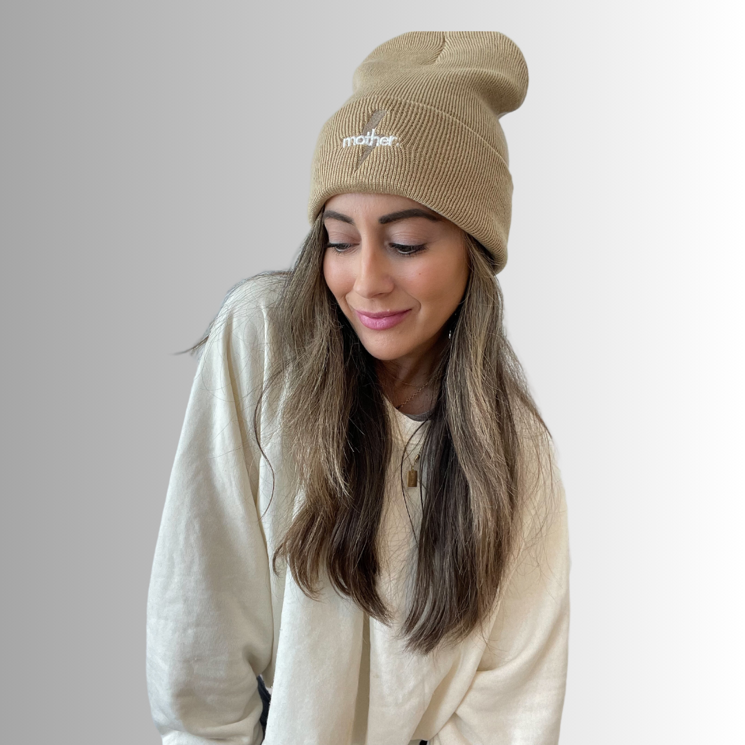 "Mother Strong" Embroidered Beanie - Camel