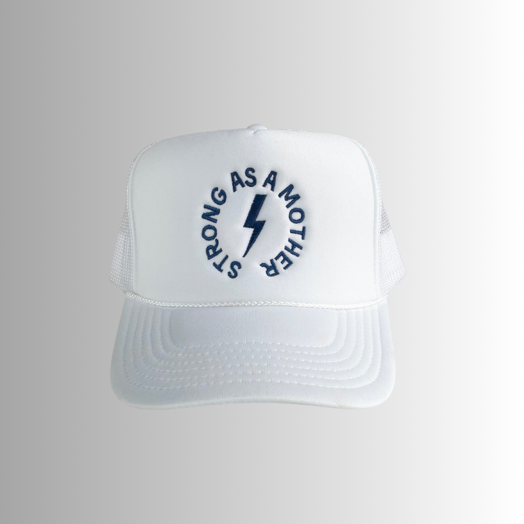 "Strong as a Mother" Embroidered Trucker Hat - White