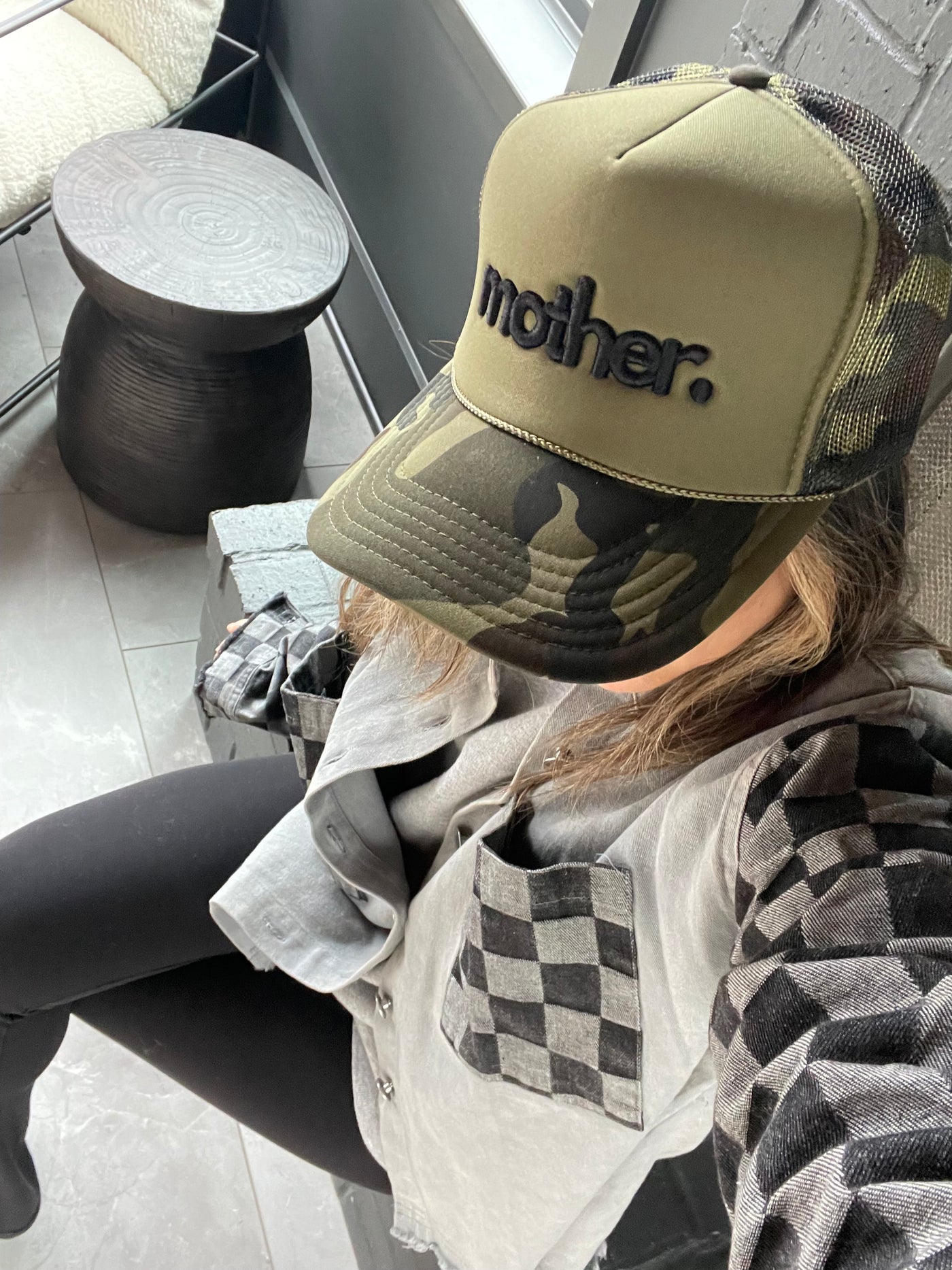 "mother." Embroidered Trucker Hat - Olive + Camo