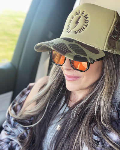 Strong as a mother™ Embroidered Trucker Hat - Camo + Olive