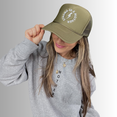 "Strong as a mother" Embroidered Trucker Hat - Olive