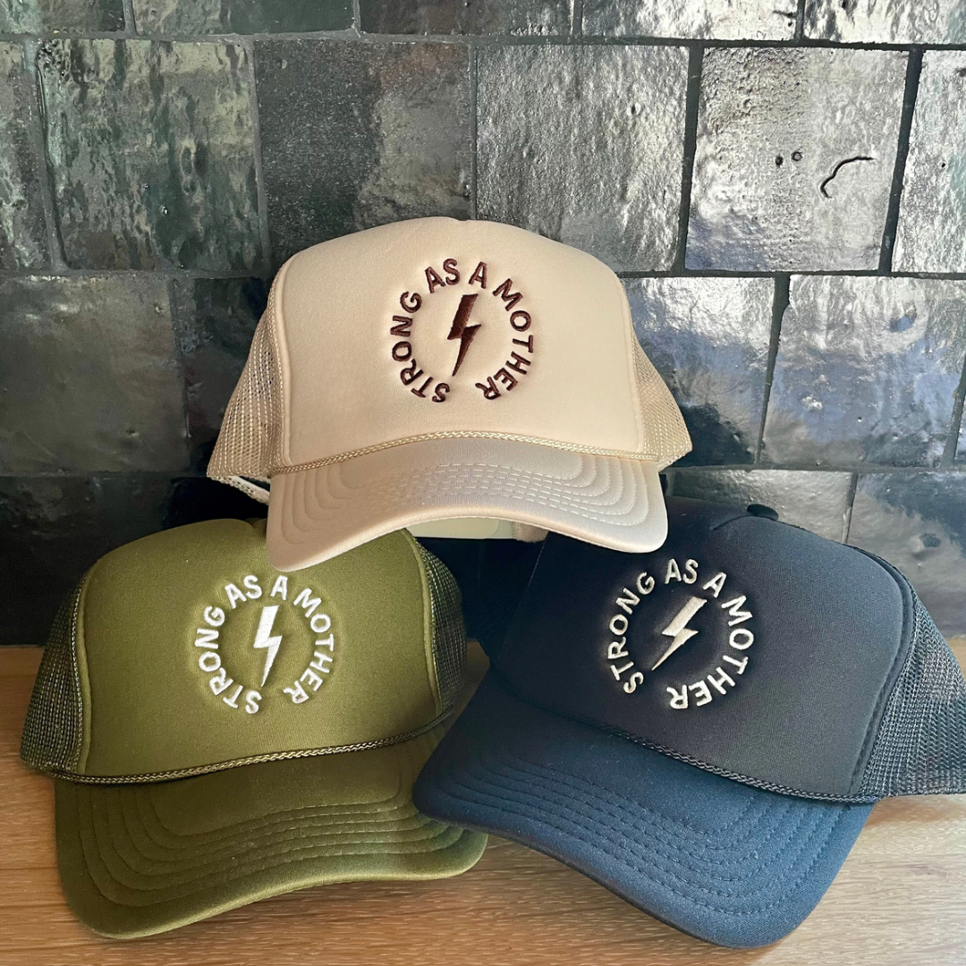 "Strong as a mother" Embroidered Trucker Hat - Sand