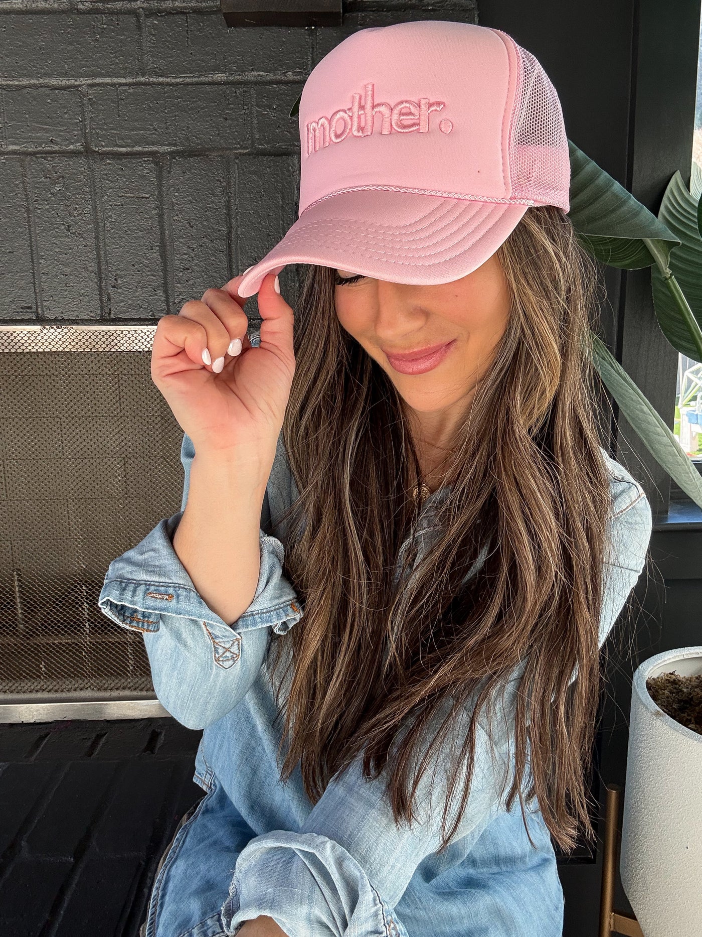 "mother." Embroidered Trucker Hat - Flamingo Pink