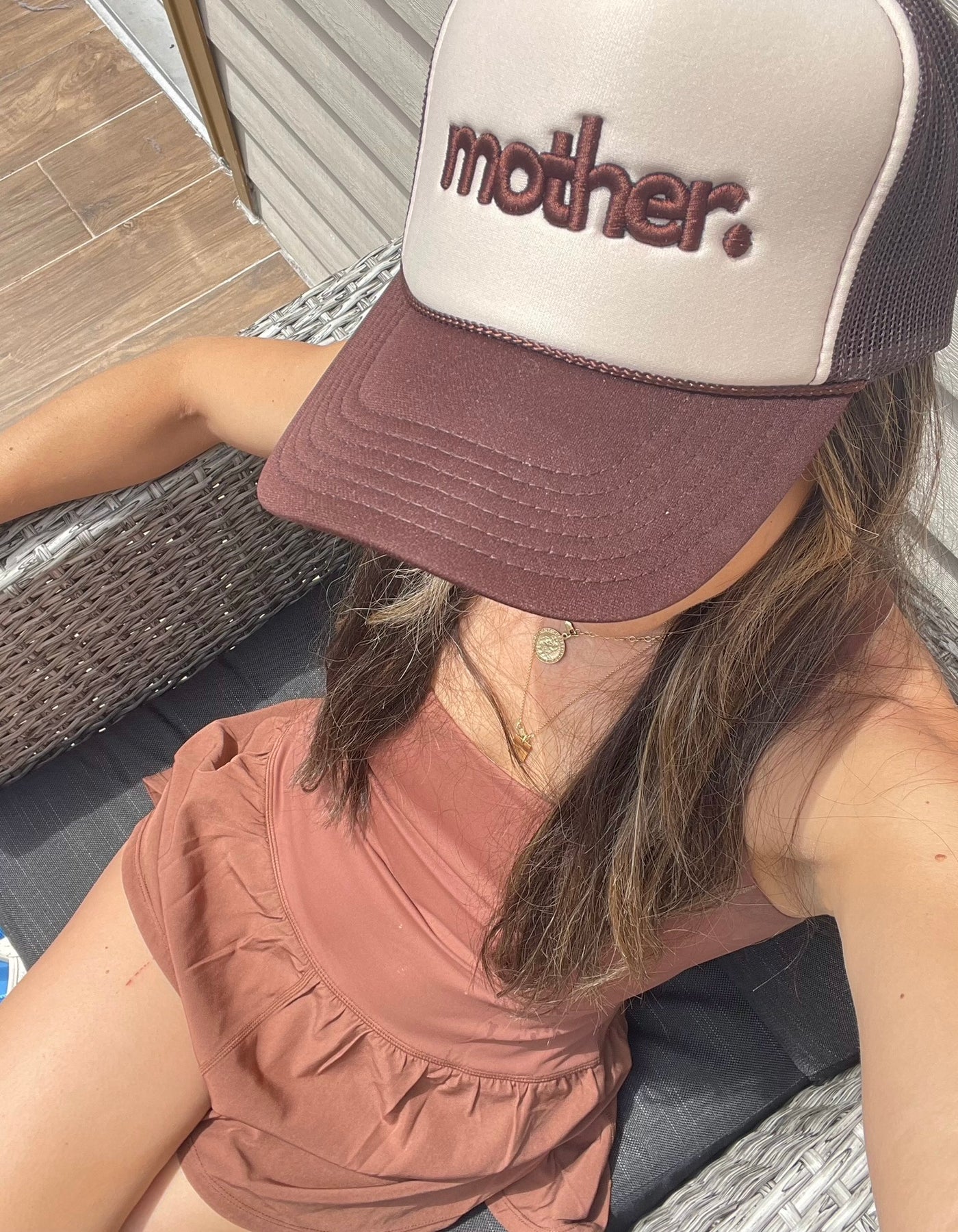 "mother." Embroidered Trucker Hat - Brown + Tan