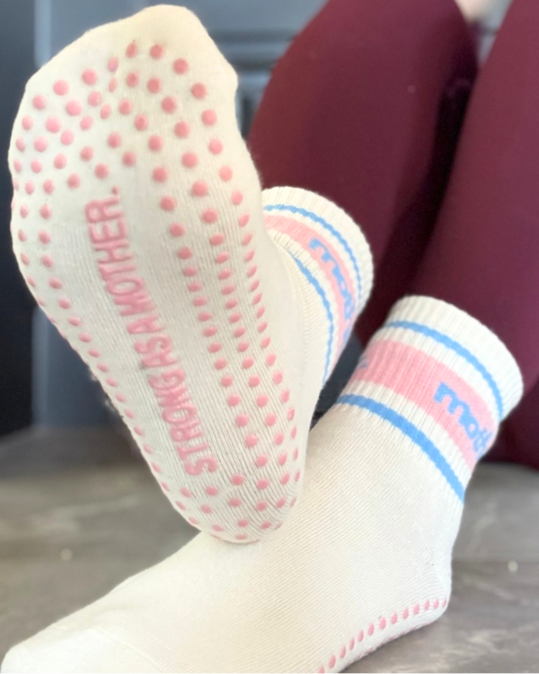 Throwback Half Crew Striped Grip Socks- Pink/Blue