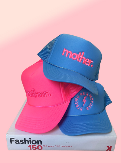 "Strong as a mother" Embroidered Trucker Hat - Sky Blue