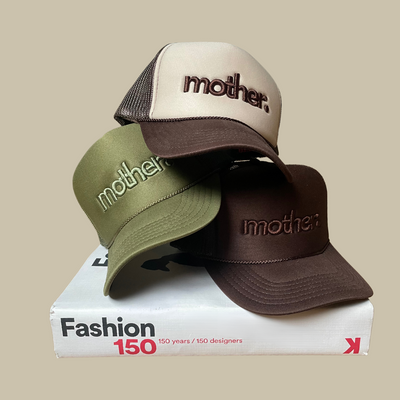 "mother." Embroidered Trucker Hat - Brown + Tan