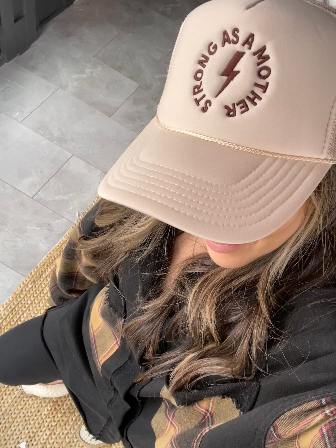 "Strong as a mother" Embroidered Trucker Hat - Sand