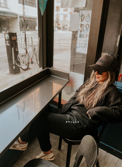 "mother." Embroidered Trucker Hat - Black on Black