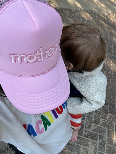 "mother." Embroidered Trucker Hat - Flamingo Pink