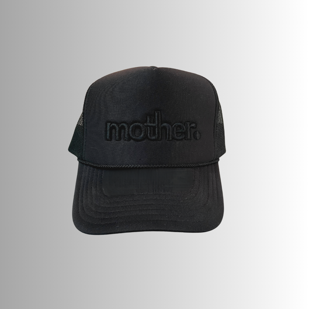 "mother." Embroidered Trucker Hat - Black on Black