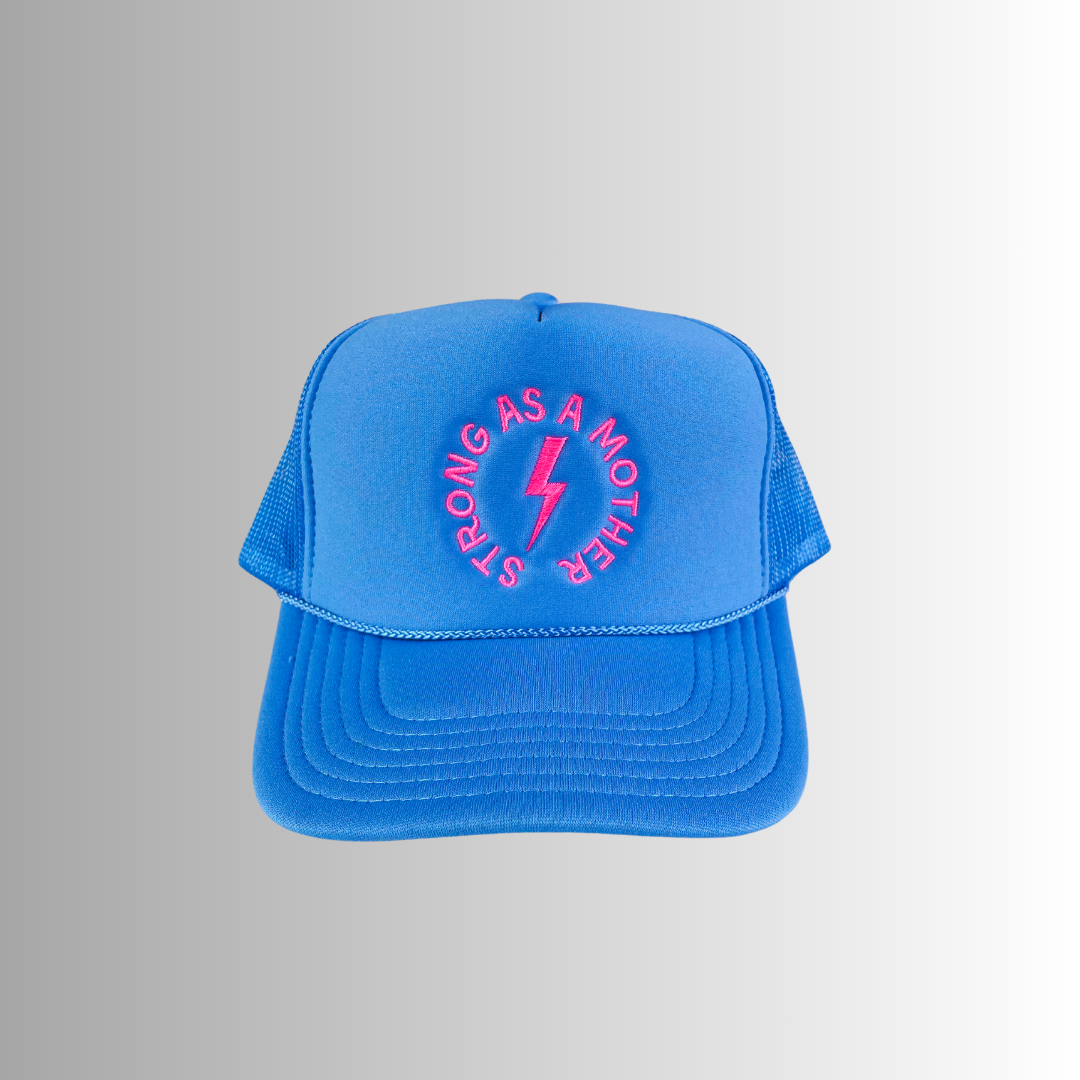 "Strong as a mother" Embroidered Trucker Hat - Sky Blue