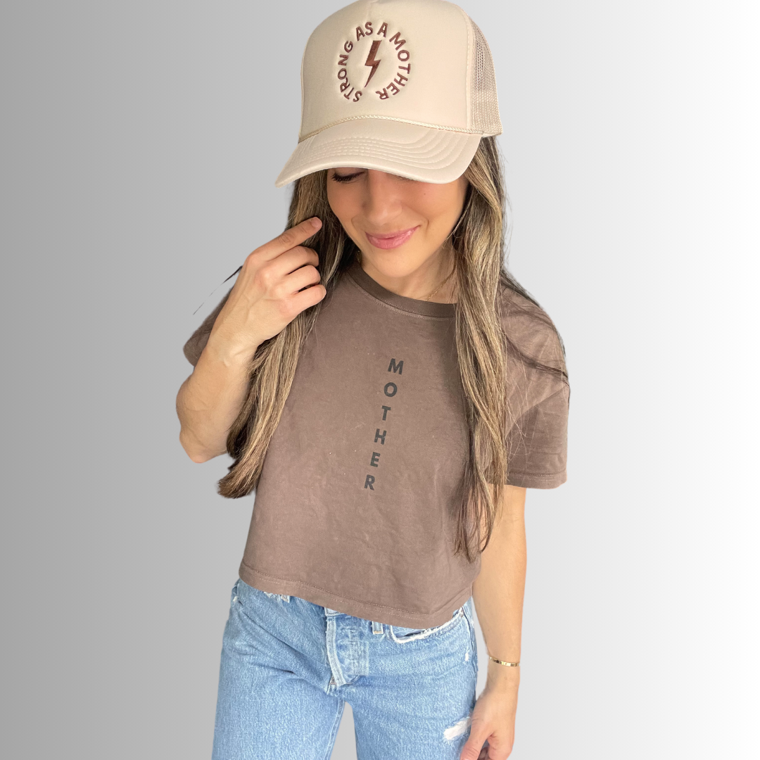 "Strong as a mother" Embroidered Trucker Hat - Sand