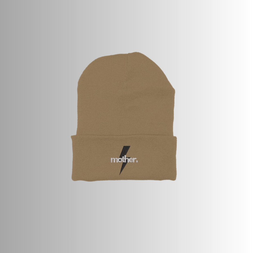 "Mother Strong" Embroidered Beanie - Camel with black