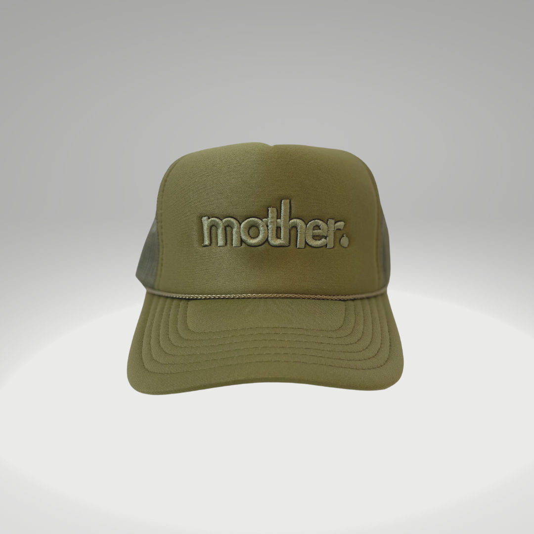 "mother." Embroidered Trucker Hat - Olive